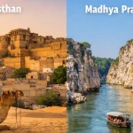 Landscape view showing Rajasthan desert with Jaisalmer Fort and Madhya Pradesh river valley, highlighting India’s largest and second largest states by area