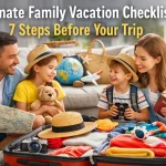 Family packing and preparing for a trip, showing things to do before going on a family vacation