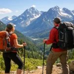 Hikers walking on a mountain trail surrounded by forest and snow covered peaks