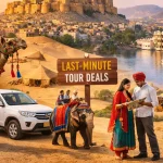 Tourists exploring Rajasthan with camel, elephant rides, Jaipur Hawa Mahal, desert dunes, and lake view showcasing last-minute Rajasthan tour deals